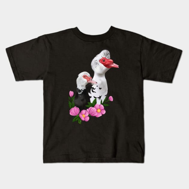 Muscovy duck couple Kids T-Shirt by Jurassic Ink